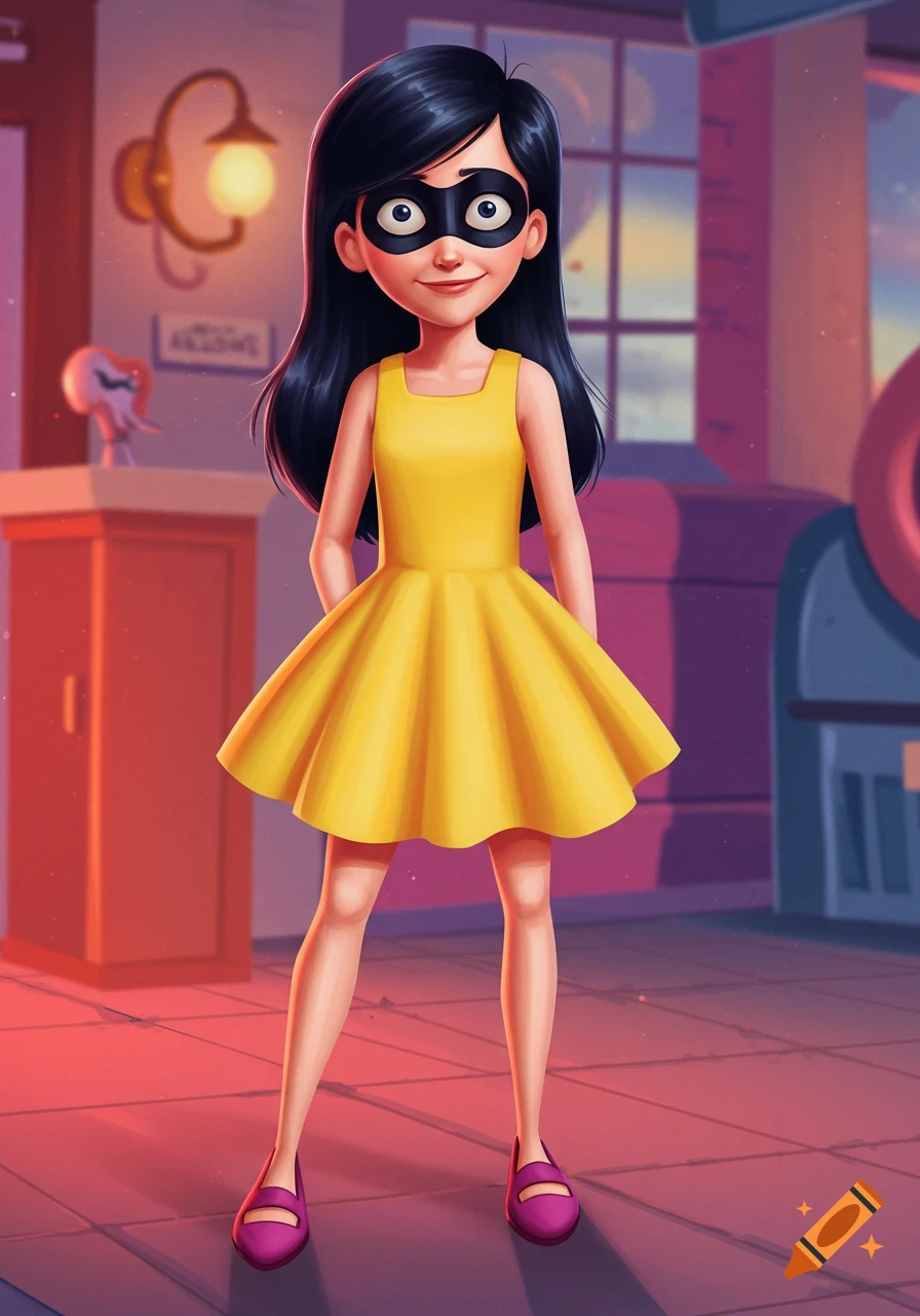 Violet Parr from The Incredibles, wearing a yellow dress and black mask, stands in a brightly lit cartoon room.