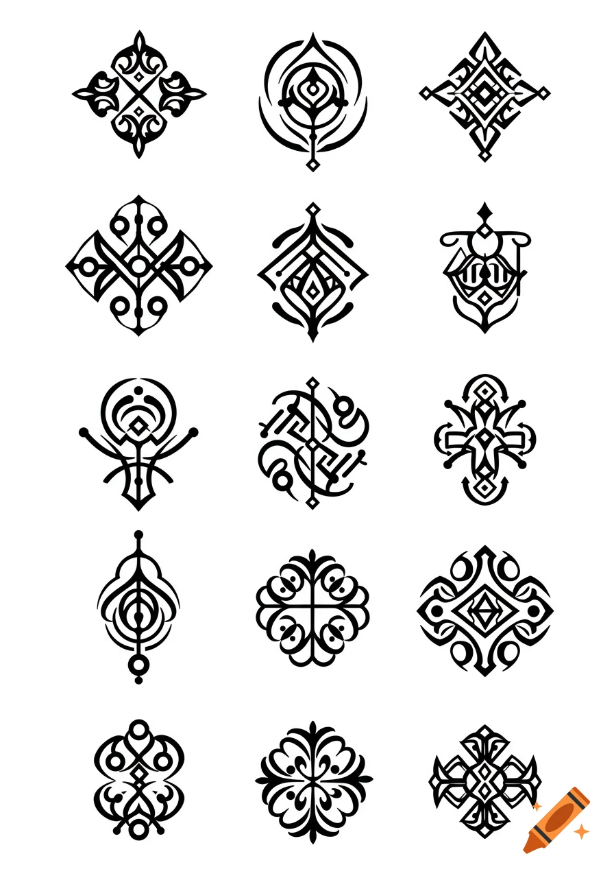 A grid of fifteen unique black abstract line art graphic symbols with intricate patterns on a white background.