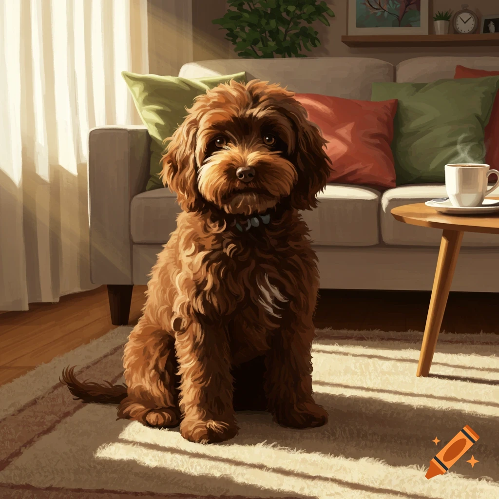 A fluffy brown chocolate cockapoo dog sitting on a rug in a sunny living room.