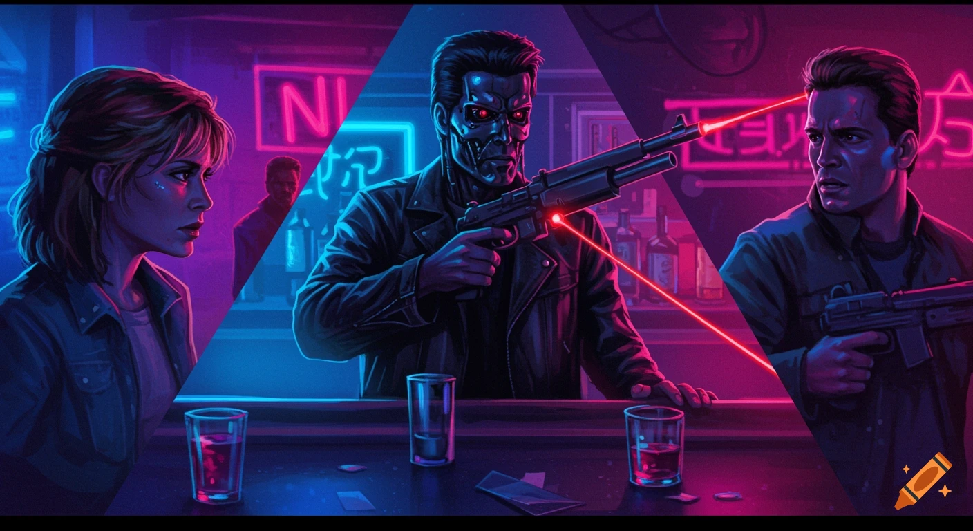 Three scenes of Terminator characters in a neon-lit bar: Sarah Connor, a T-800 with a shotgun, and Kyle Reese. 80s tech-noir style.
