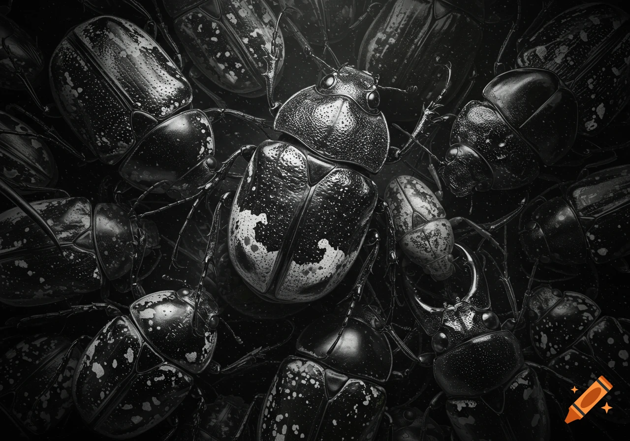 Close-up, top-down view of various overlapping black and white beetles with intricate patterns and textures.