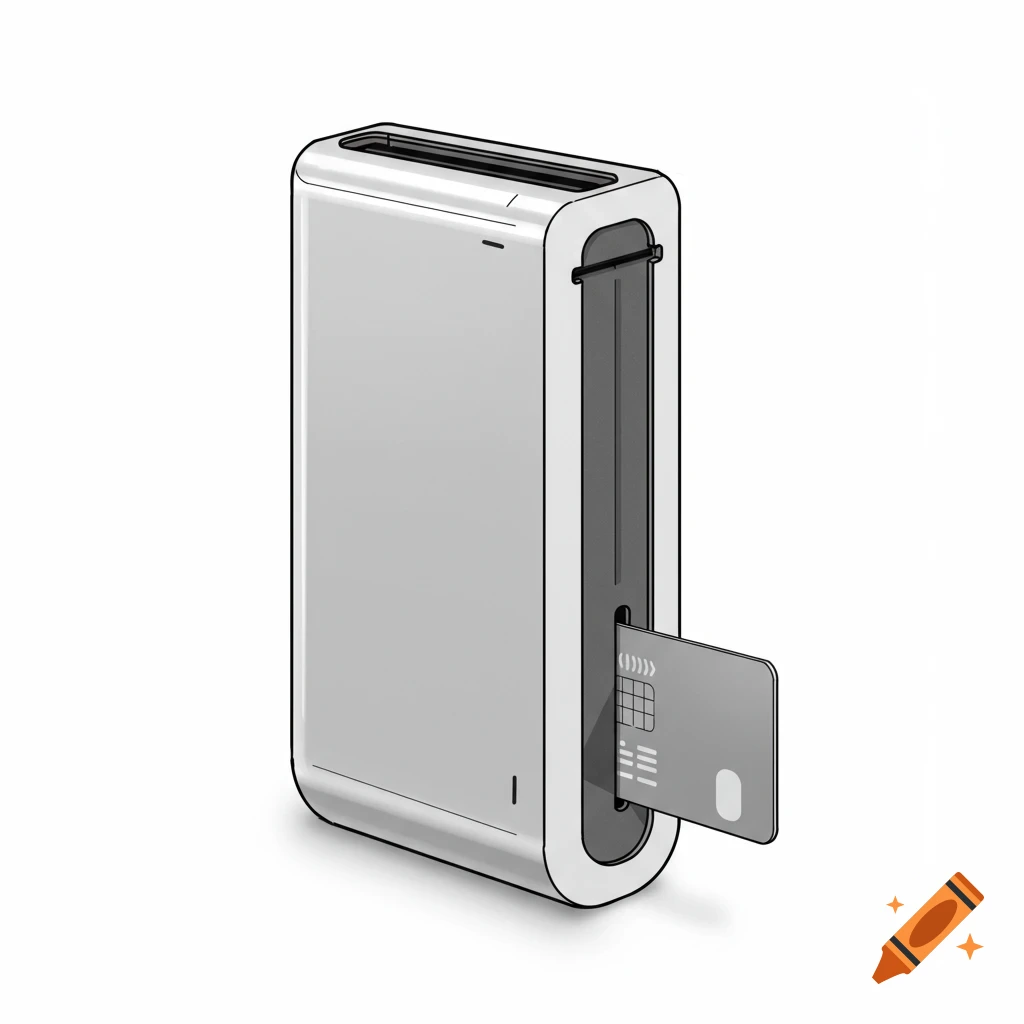 Isometric industrial design sketch of a white, vertical card reader device with a credit card inserted.