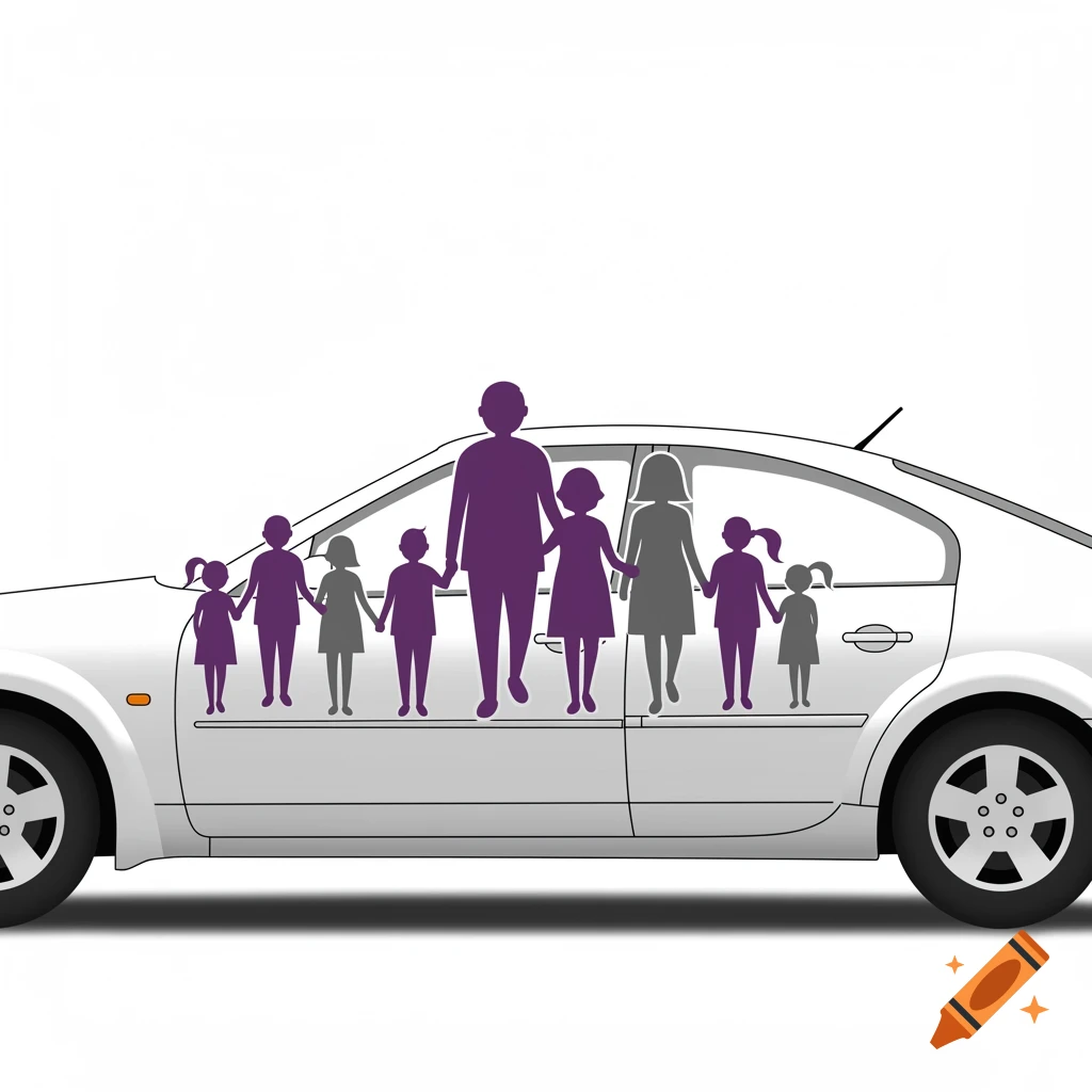 Stylized purple and gray silhouettes of a family, including adults and several children, on the side of a white car, resembling a car sticker.