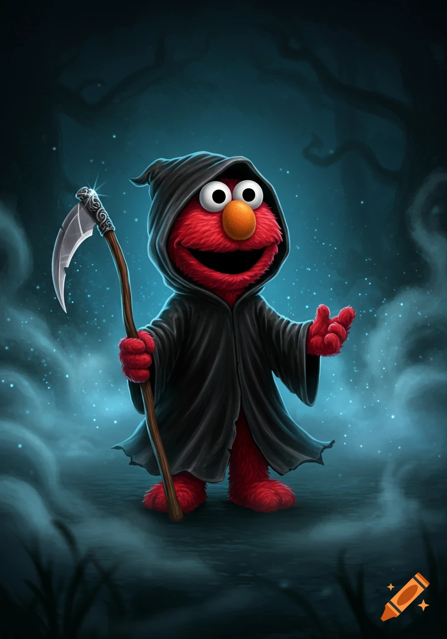 Elmo dressed as the Grim Reaper, holding a sparkling scythe, stands in a dark blue, misty environment with glowing specks. Stylized illustration.