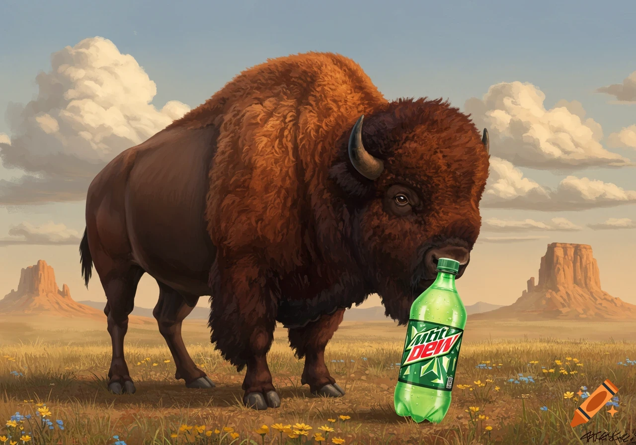 An illustrative image of a bison with its nose near a green bottle of Mountain Dew in a desert landscape with mesas.