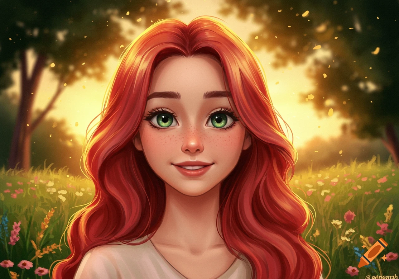 A smiling digital art portrait of a red-haired girl with green eyes and freckles, in a sunlit meadow.