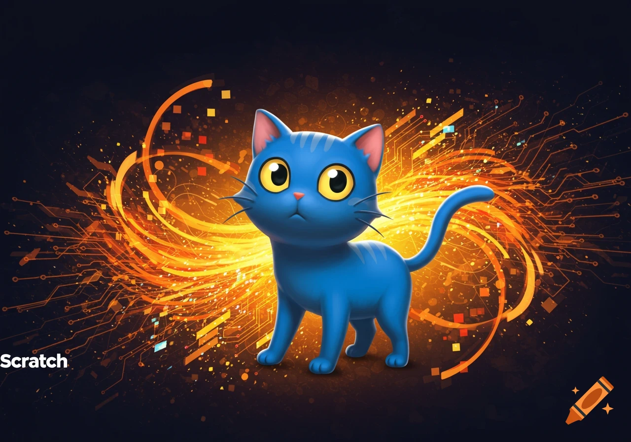 A cute blue cartoon cat with large yellow eyes stands in front of a swirling orange and gold background with circuit board patterns. The word 'Scratch' is in the bottom left.
