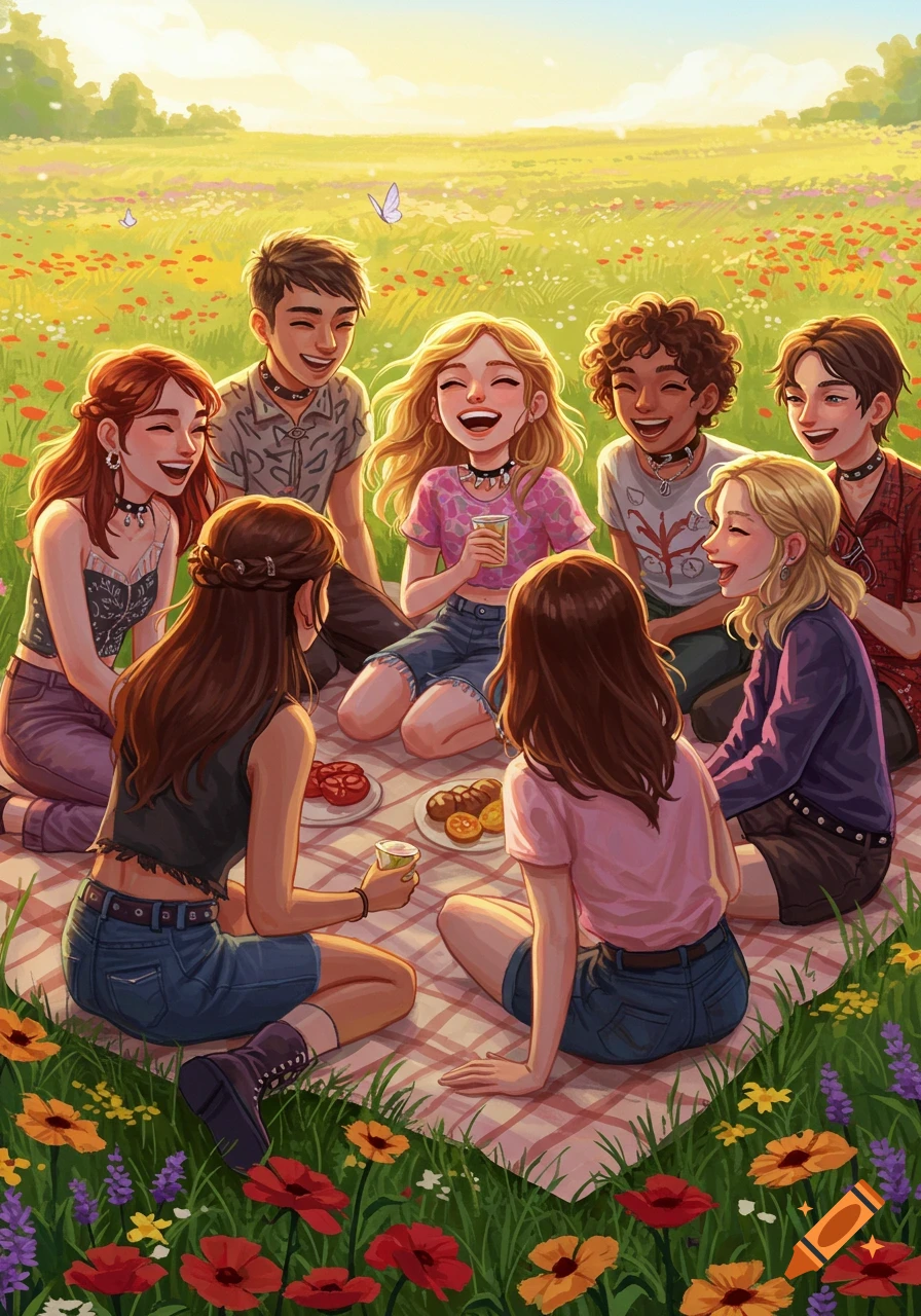 An illustration of a group of happy friends having a picnic in a sunny, flower-filled meadow.