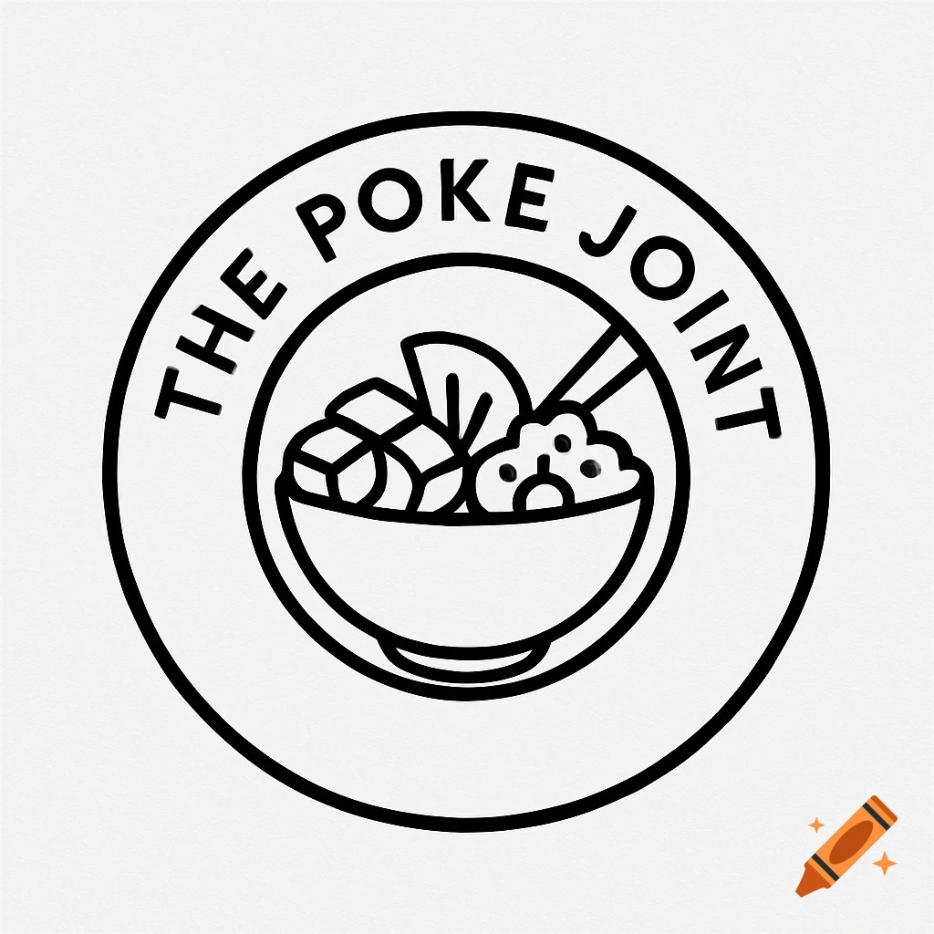 Black and white line art logo for 'THE POKE JOINT' with a poke bowl and chopsticks in a circular frame.