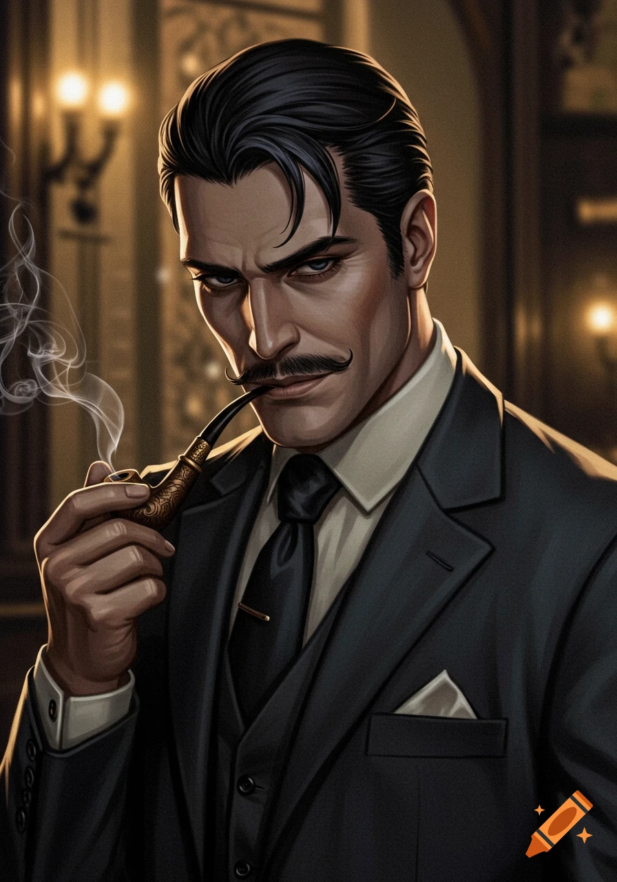 A digitally painted portrait of a man with swept black hair and a mustache, wearing a suit and smoking a pipe.
