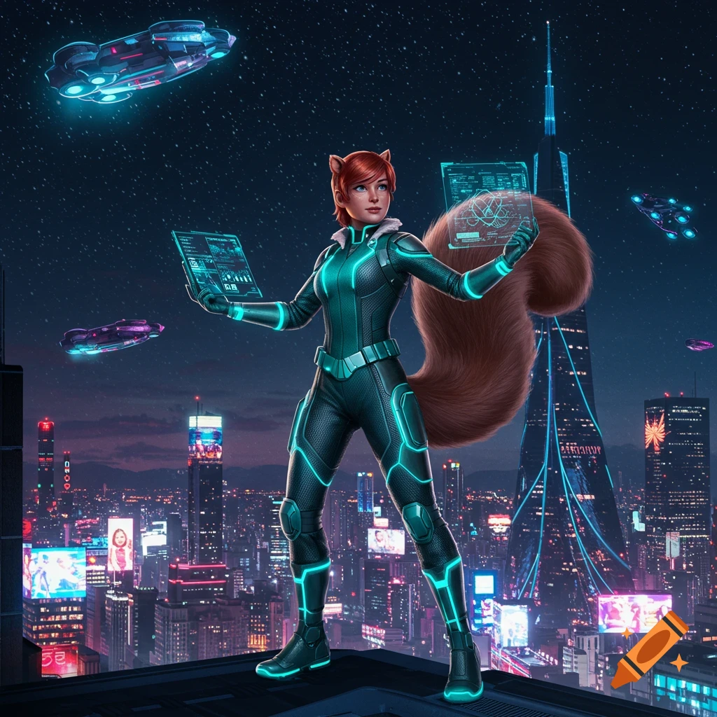 Hyperrealistic Squirrel Girl in a futuristic suit, holding glowing holographic screens on a skyscraper, overlooking a neon cyberpunk city.