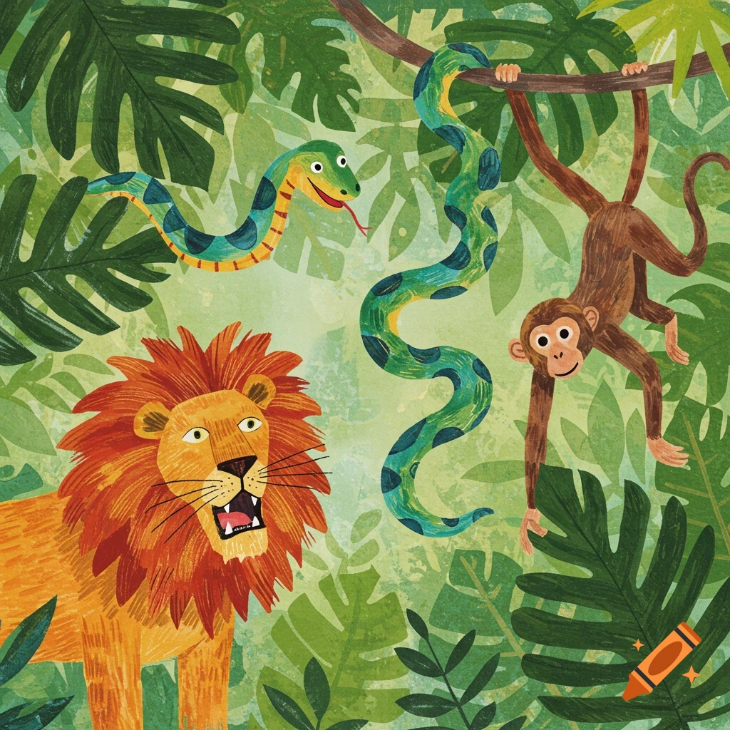 A vibrant, textured illustration of a lion roaring, a snake slithering, and a monkey hanging from a vine in a lush green jungle.
