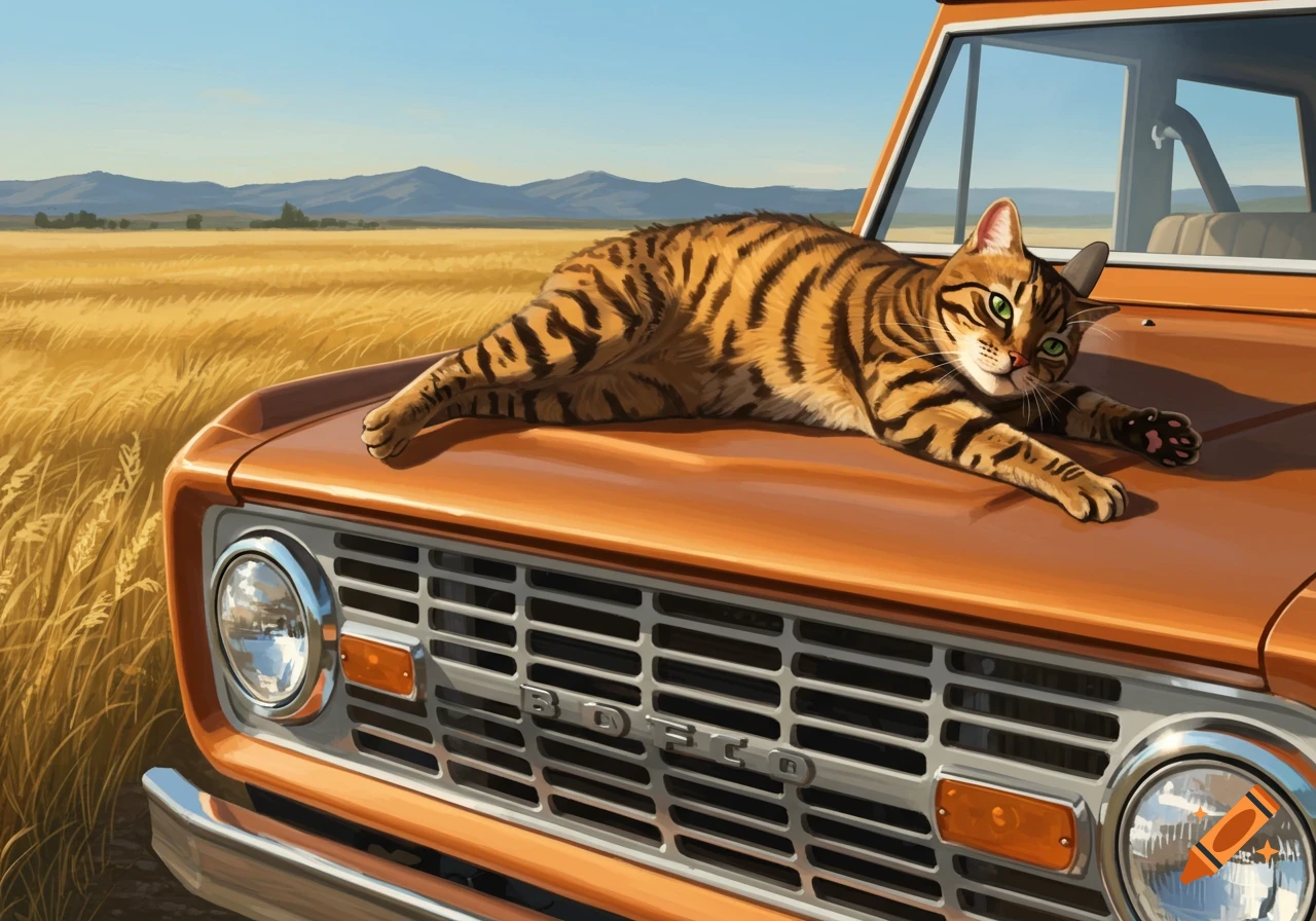 A tiger-striped cat lies on the hood of an orange Ford Bronco in a golden field, with mountains in the distance.