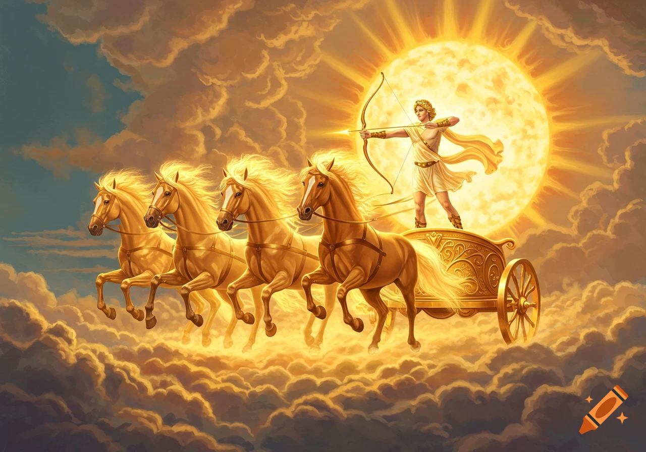 Apollo on a golden chariot pulled by four golden horses, aiming a bow and arrow, with the bright sun and clouds behind him.