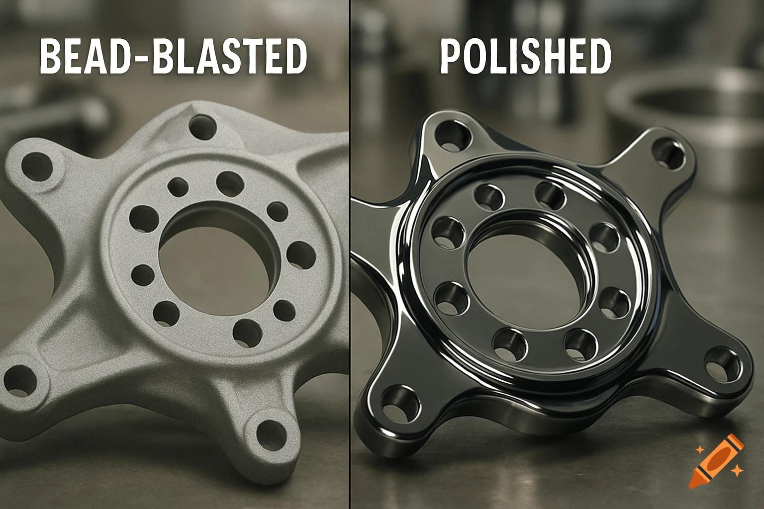 Photorealistic split image comparing bead-blasted (matte) and polished (shiny) surface textures on a gray metal mechanical part.