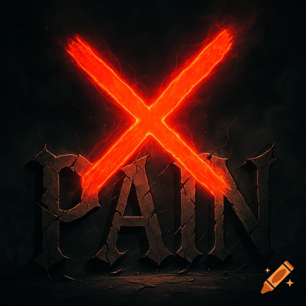 The word 'PAIN' in cracked, gothic-style letters, with a glowing red X superimposed, on a dark, smoky background.