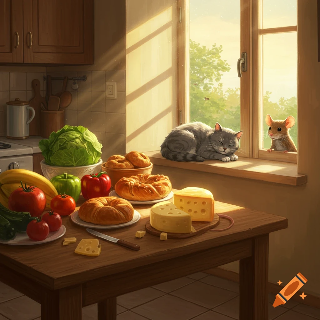 Illustrated kitchen scene with a sleeping grey cat on a sunlit windowsill, a mouse peeking in, and a table filled with food.