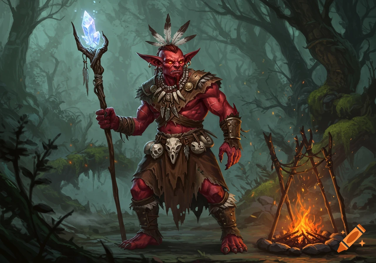 Red-skinned hobgoblin shaman with a glowing crystal staff stands in a dark, misty forest next to a campfire.