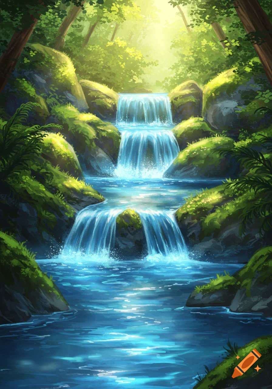 Vibrant, stylized illustration of a multi-tiered waterfall flowing through a lush green forest, with sunlight filtering through the trees.
