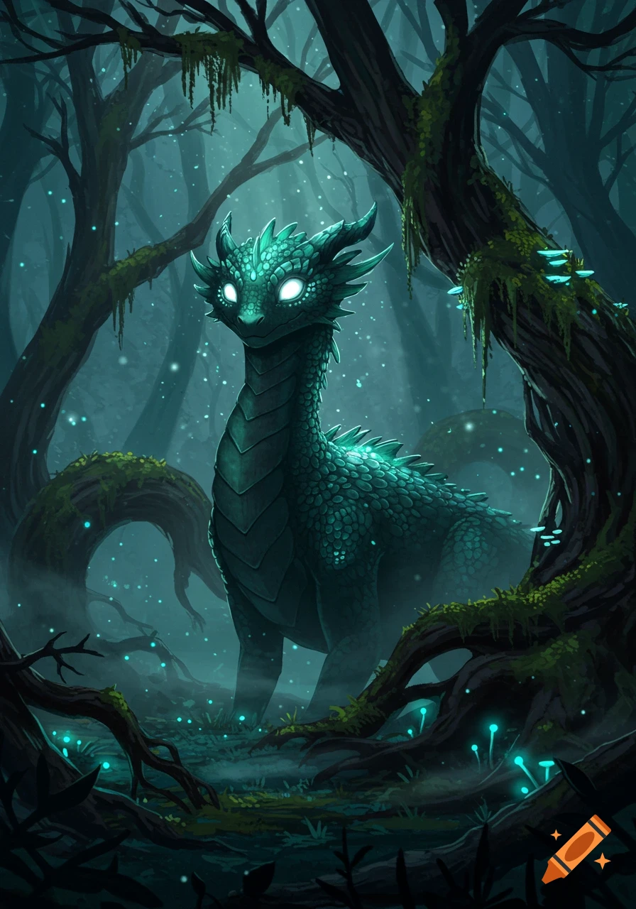 A teal dragon with glowing eyes in a mystical, mossy forest with ...