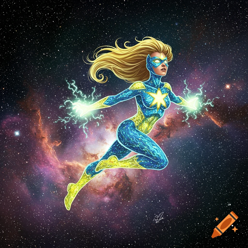 Female superhero in a blue and yellow costume with a star emblem, flying through starry space with glowing energy. Comic art style.