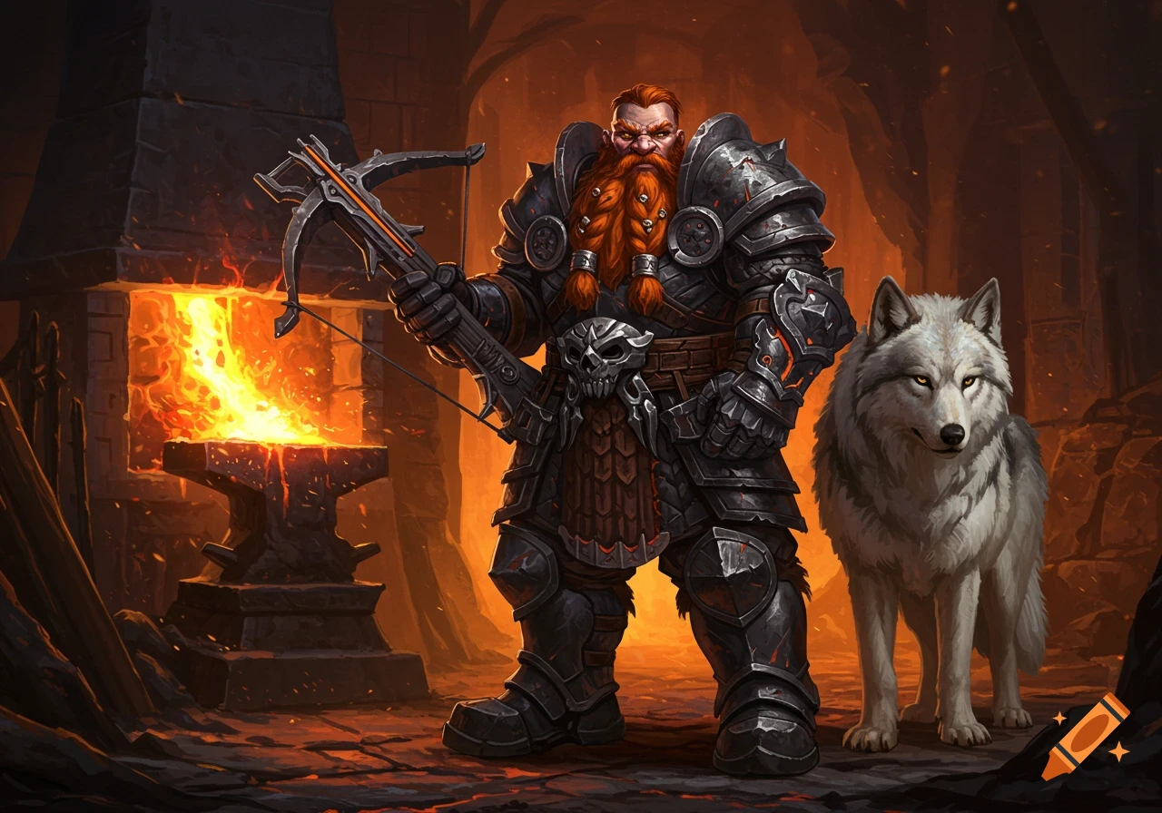 Heavily armored dwarf hunter with a crossbow stands next to a white wolf in a glowing iron forge.