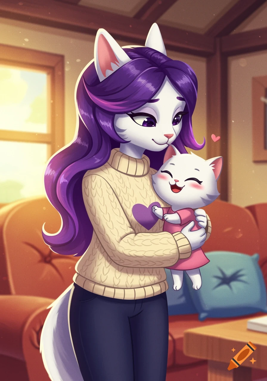 A cartoon anthropomorphic white cat with purple hair holds a smiling white kitten in a cozy, soft-lit home.