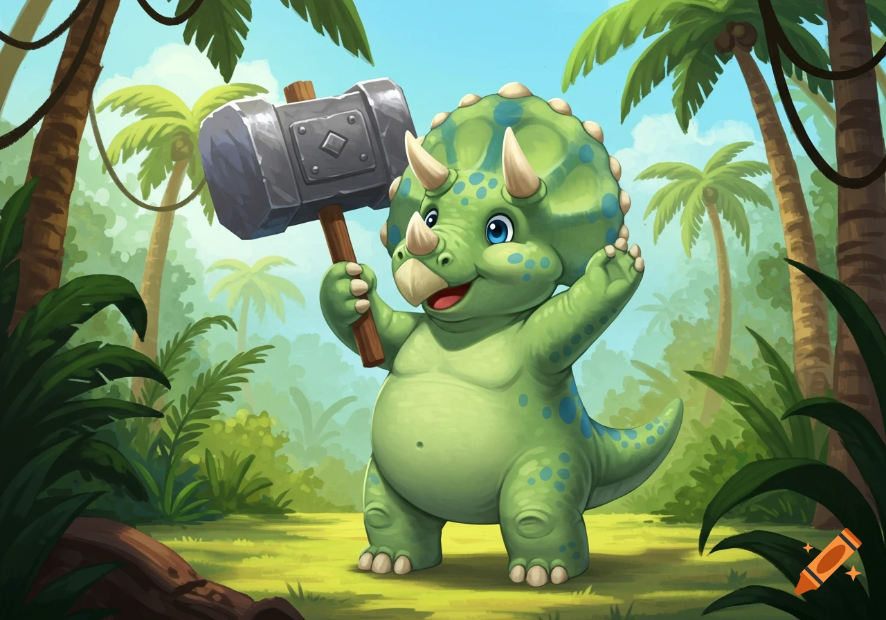 A cute cartoon Triceratops dinosaur stands in a lush jungle, smiling while holding a large hammer with one arm raised.
