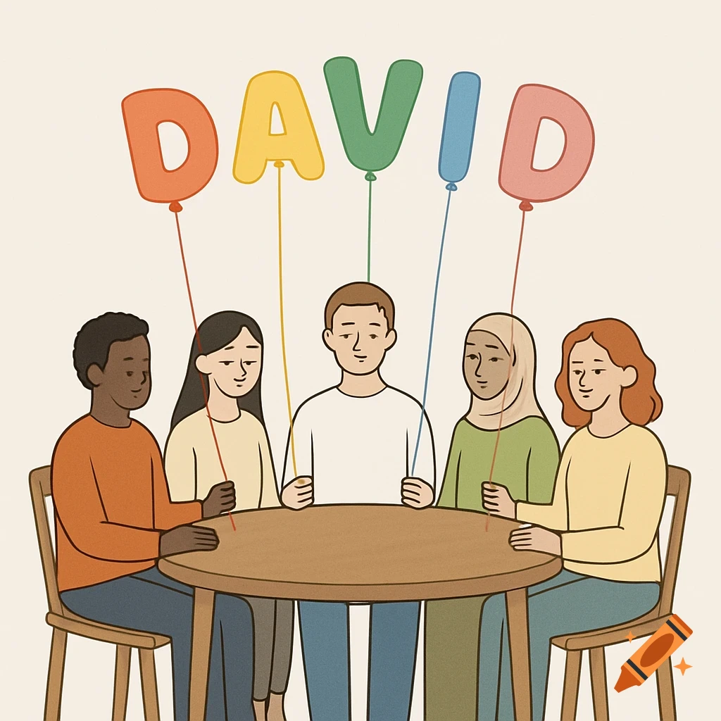 A simple illustration of five diverse people around a table holding strings to colorful letter balloons spelling 'DAVID'.