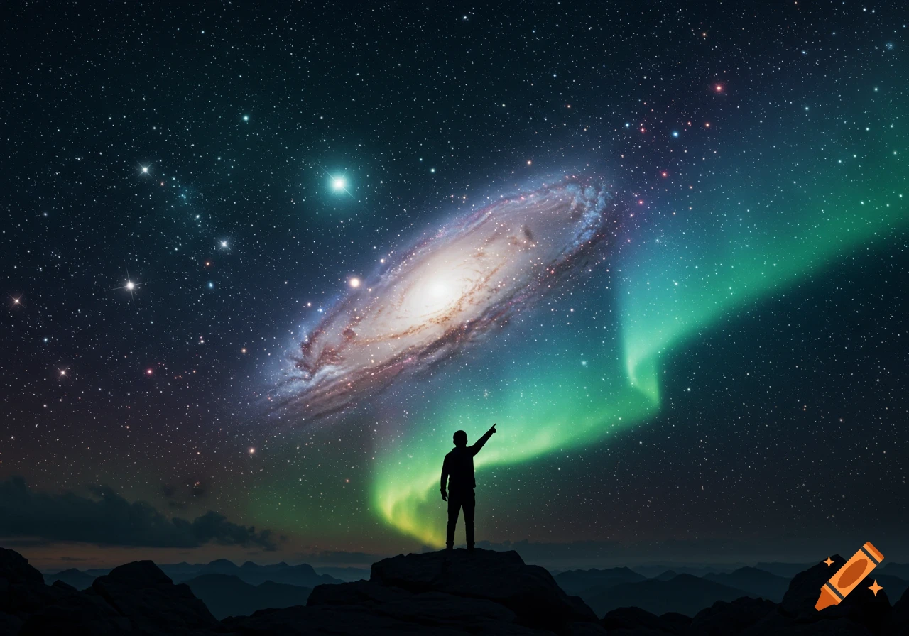 A silhouetted person stands on a mountain peak, pointing upwards at a majestic night sky filled with a galaxy, stars, and green aurora.