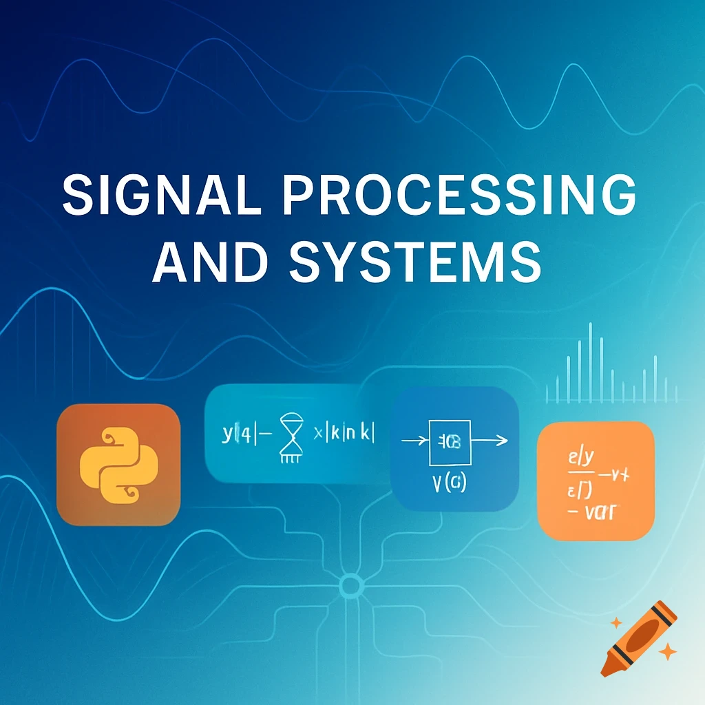 Title slide for a 'Signal Processing and Systems' class with a blue gradient background. White text for the title is centered, and four rounded rectangular boxes below contain a Python logo, a garbled math formula, a block diagram, and another garbled math expression.