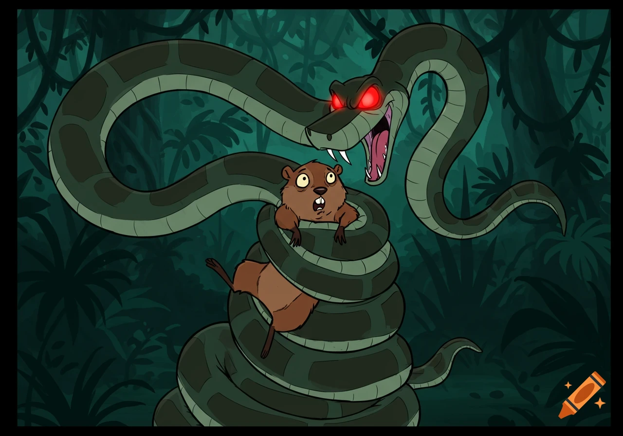 A cartoon python with glowing red eyes constricts a scared groundhog in a dark jungle.