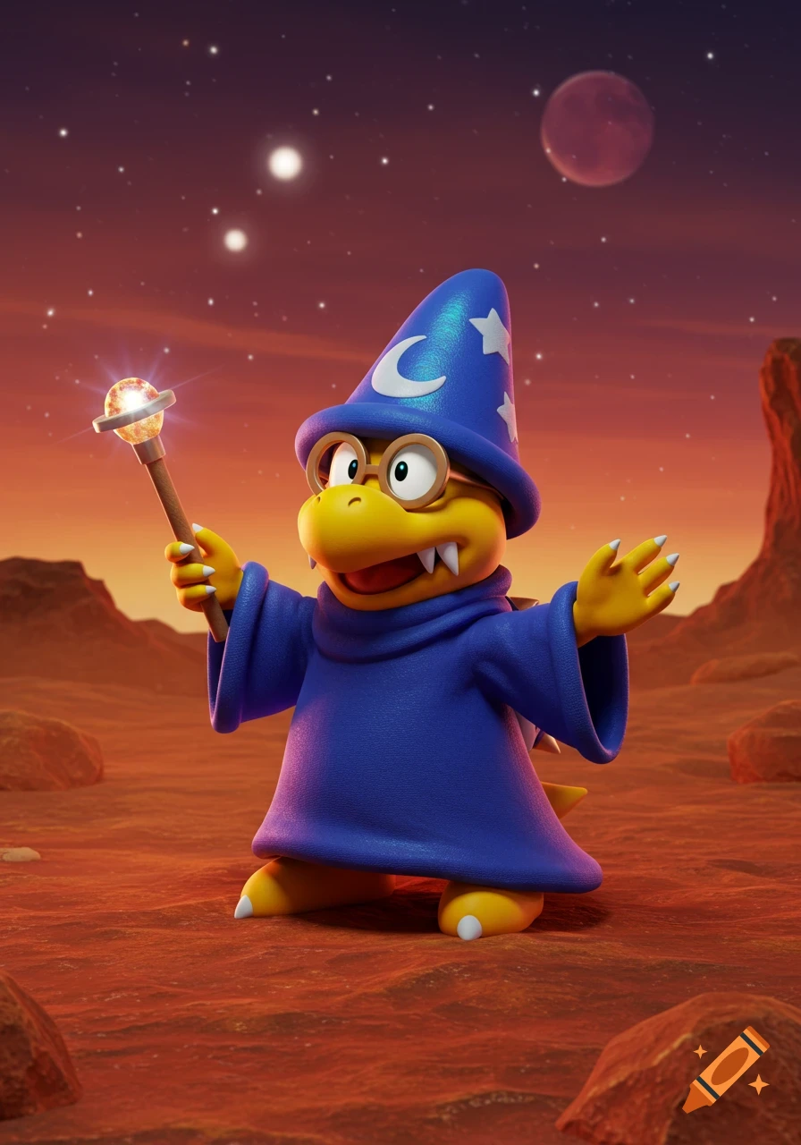 3D render of Kamek, a yellow wizard Koopa, in a blue robe and hat, holding a glowing wand on a red Martian landscape with planets.