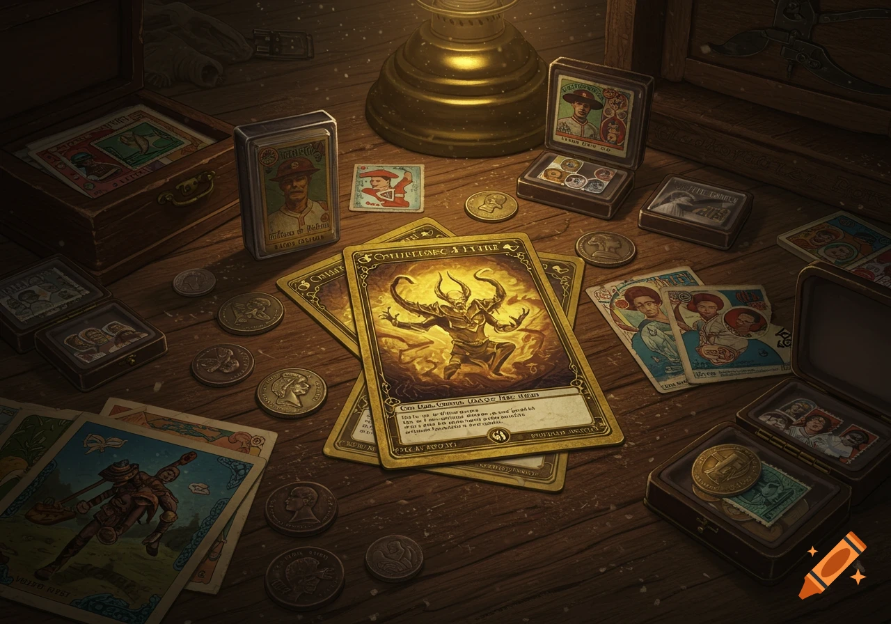 An overhead view of a wooden table covered with fantasy-themed collectible cards, coins, and small decorative boxes, illuminated by a lamp.