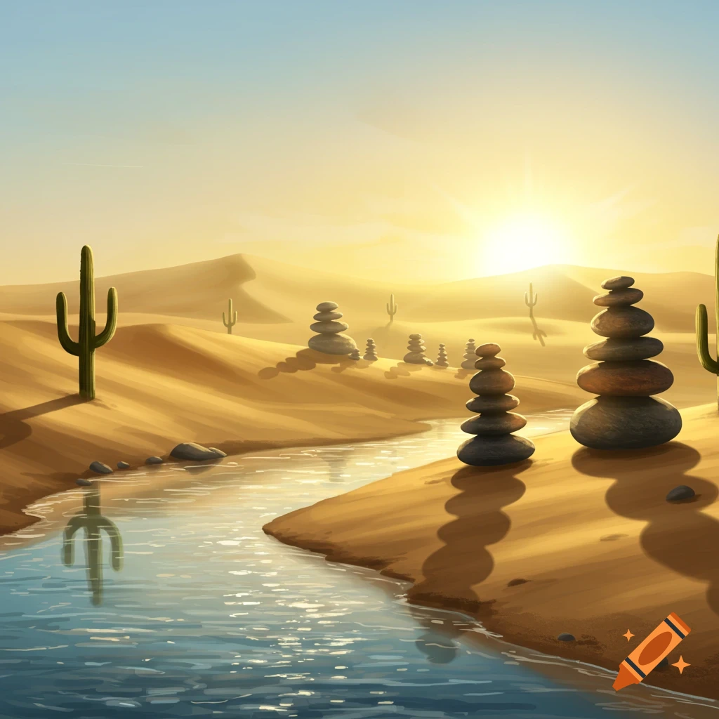 A stylized illustration of a desert landscape with a river, sand dunes, cacti, and stacked stones at sunset.