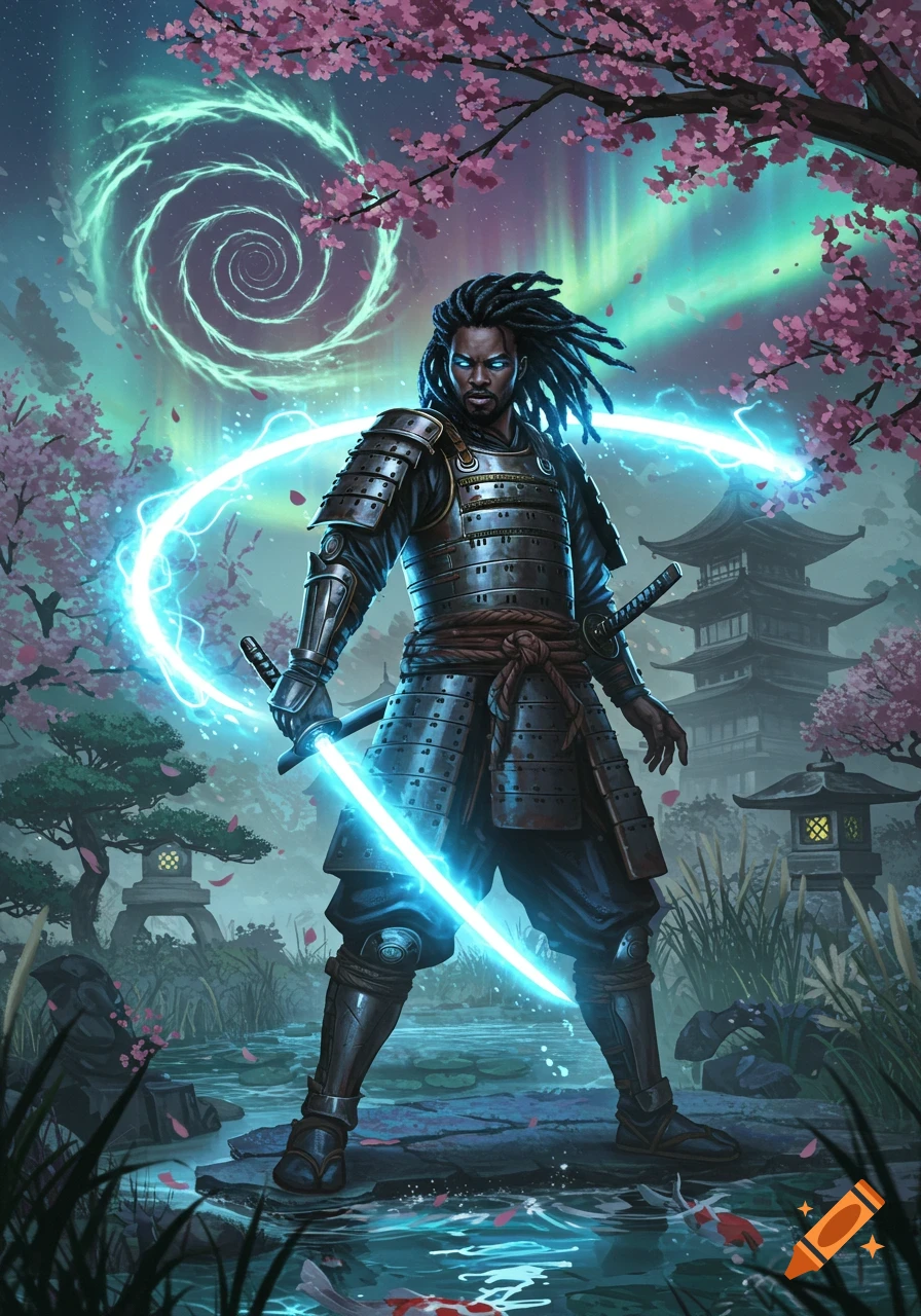 An illustration of a Black samurai with dreadlocks wielding two glowing blue katanas in a mystical Japanese garden at night, with an aurora and a spiral portal in the sky.