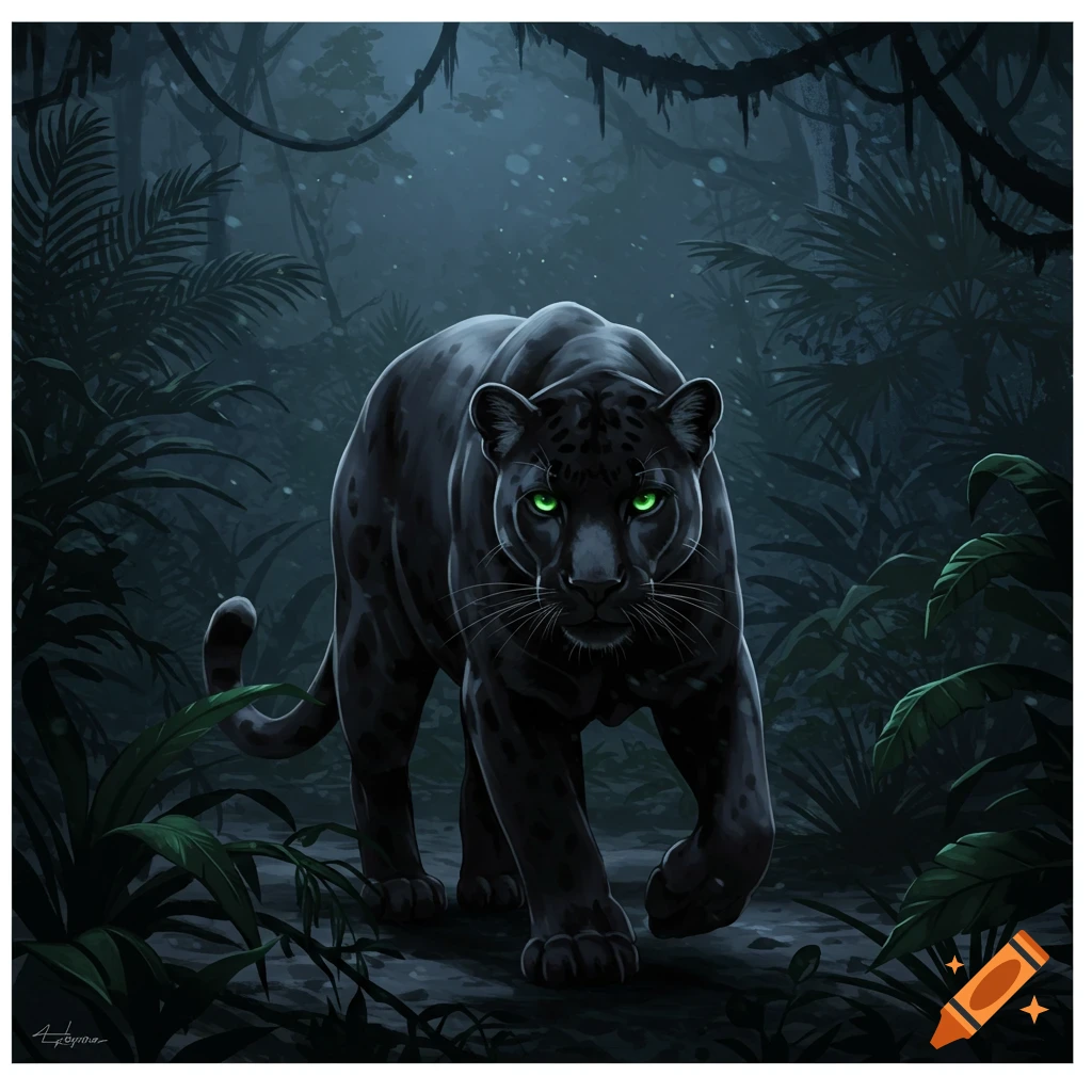 A striking digital illustration of a black panther with piercing green eyes, stalking through a dark, lush jungle at night.
