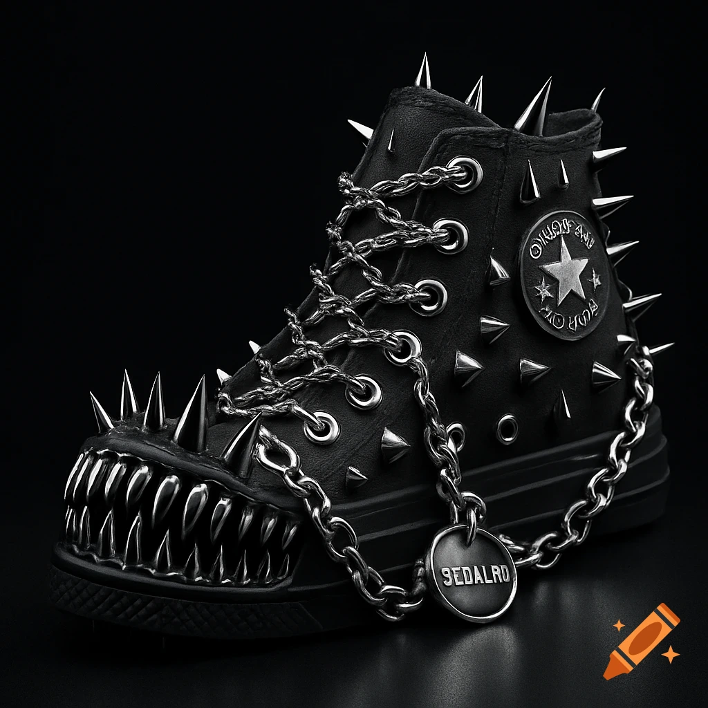 A black Y2K high-top sneaker covered in metallic silver spikes and chains. The front of the shoe has a jaw with sharp metallic silver teeth.
