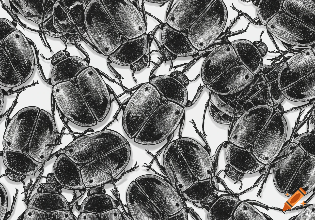 A black and white pattern of overlapping beetles, drawn in a detailed, illustrative style.