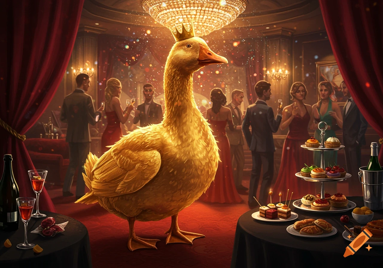A giant golden goose with a crown at an elegant after-party with well-dressed guests, chandeliers, drinks, and desserts.