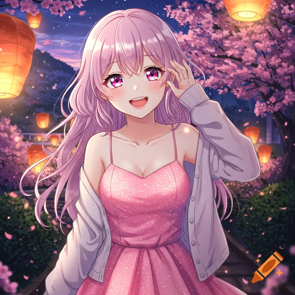 Anime girl with long pink hair in a pink dress and white cardigan, smiling under cherry blossoms and glowing lanterns at night.