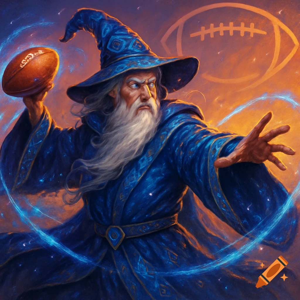A powerful wizard in blue robes and a pointed hat throws an American football with magical blue energy, against a fiery sky with a football logo.