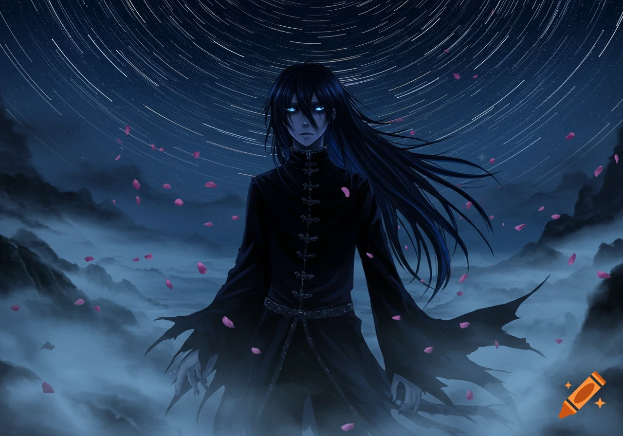 A dark anime character with glowing blue eyes, long black hair, and a tattered black robe stands in a misty landscape with falling pink petals and star trails in the night sky.