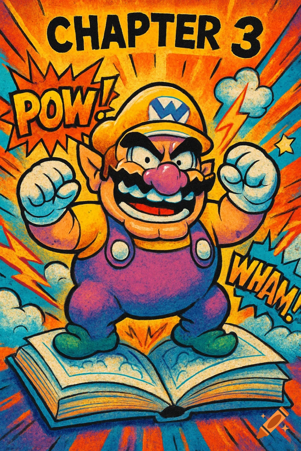 Wario stands defiantly on an open book, with 'CHAPTER 3' and comic sound effects 'POW!', 'WHAM!' in a vibrant, textured comic art style.