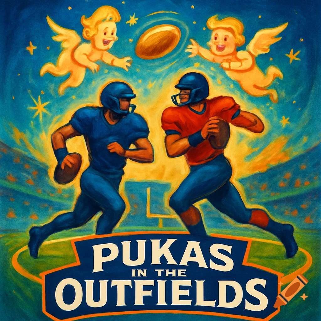 Digital art fantasy football logo with two players, two cherubic angels, and the text 'Pukas in the Outfields'.