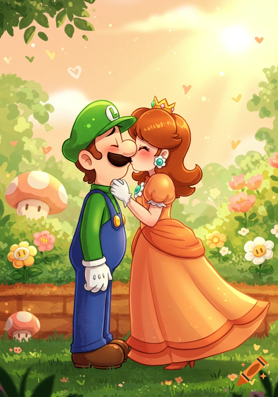Cartoon Luigi and Daisy kissing in a lush garden with flowers and mushrooms under a sunny sky.