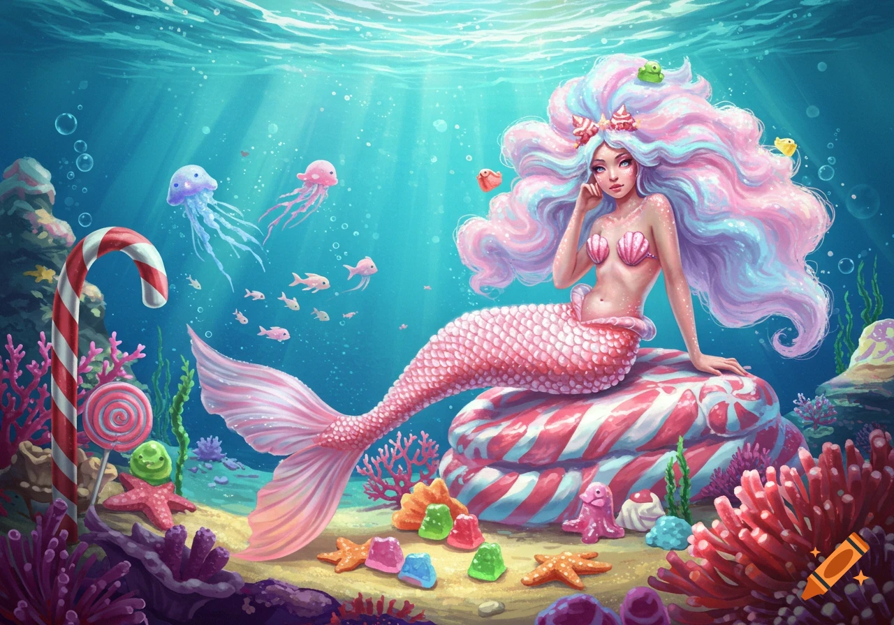 A whimsical, colorful illustration of a mermaid with pastel hair and pink scales, sitting on a candy rock in an underwater candy land.