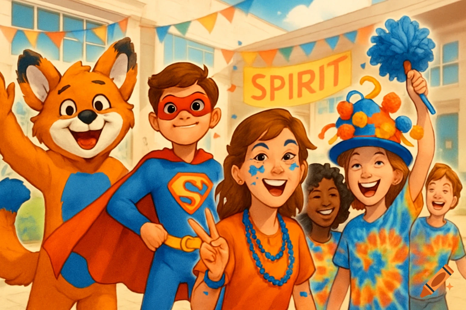 Smiling children and a fox mascot in school spirit costumes, with a 'SPIRIT' banner in a cartoon illustration.
