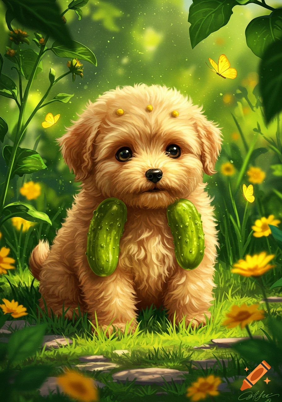 A cute, fluffy puppy with big eyes sits in a vibrant fantasy garden, holding two green pickles. Yellow butterflies fly around it.