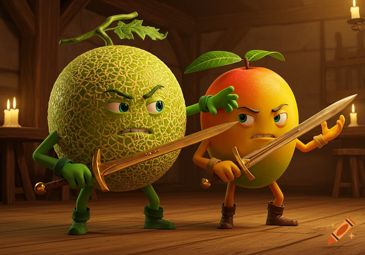 Anthropomorphic melon and mango, both with gold swords, in a tense sword fight in a rustic wooden room, 3D animated style.